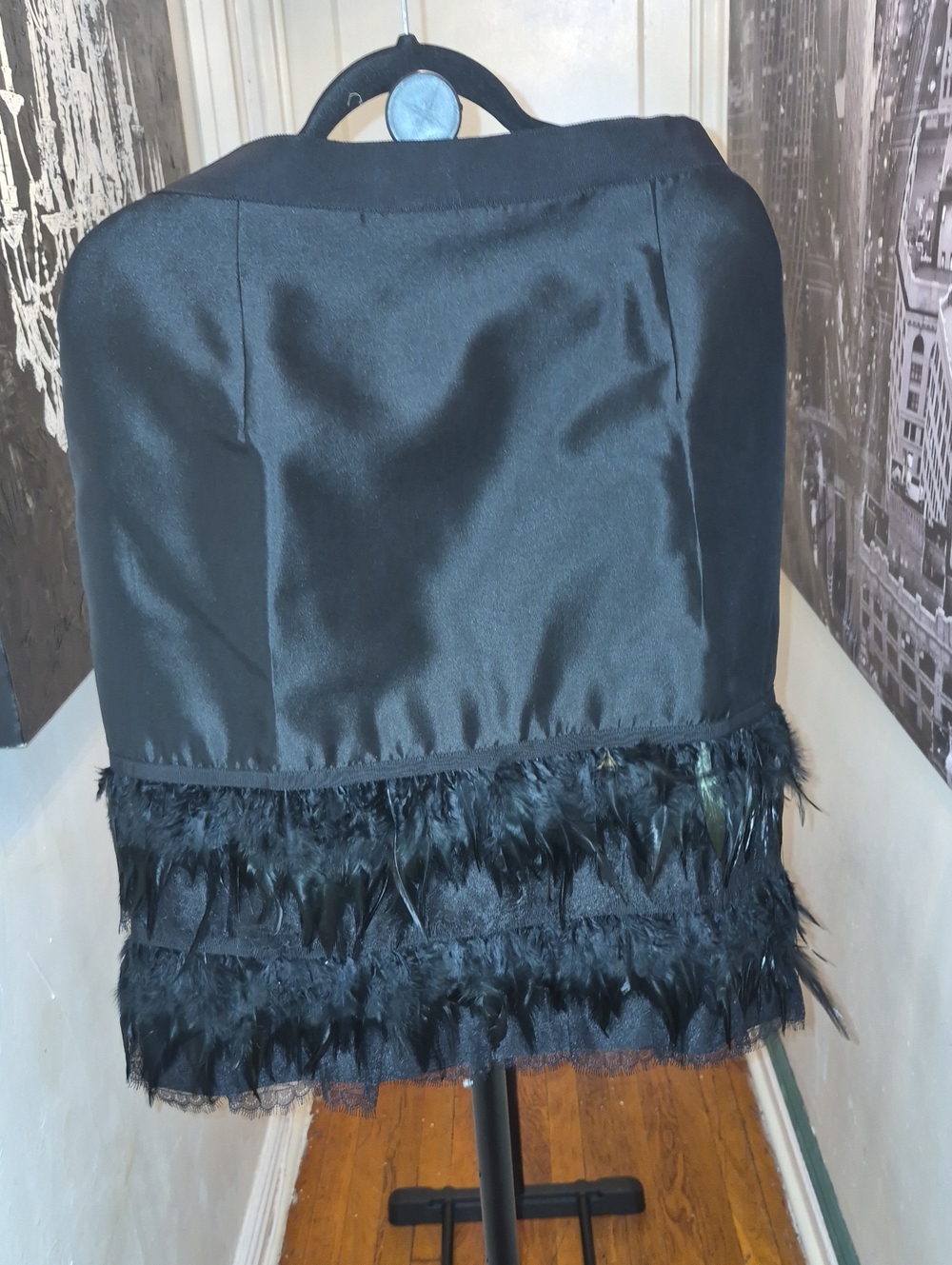 Carolina Herrera Black Satin Mini Skirt with Feather Trim